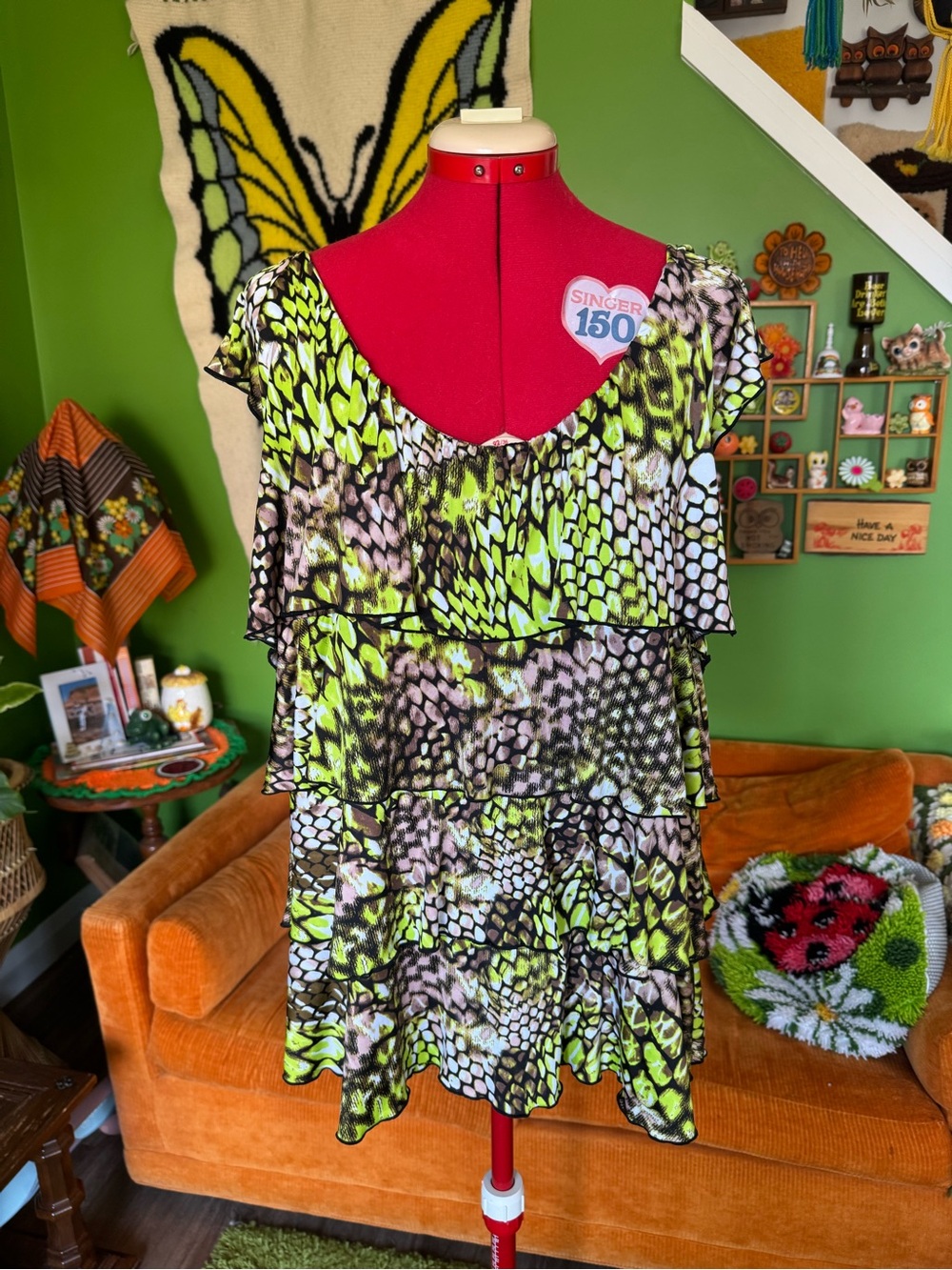 Vintage Y2K Neon Green & Black Ruffle Tiered Top